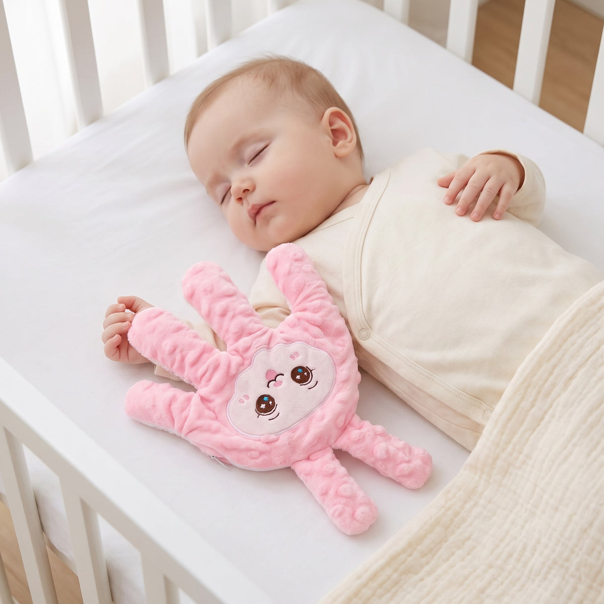 Baby Sleep Aid Patting Hand in pink bunny design, resting on a sleeping baby in a cot