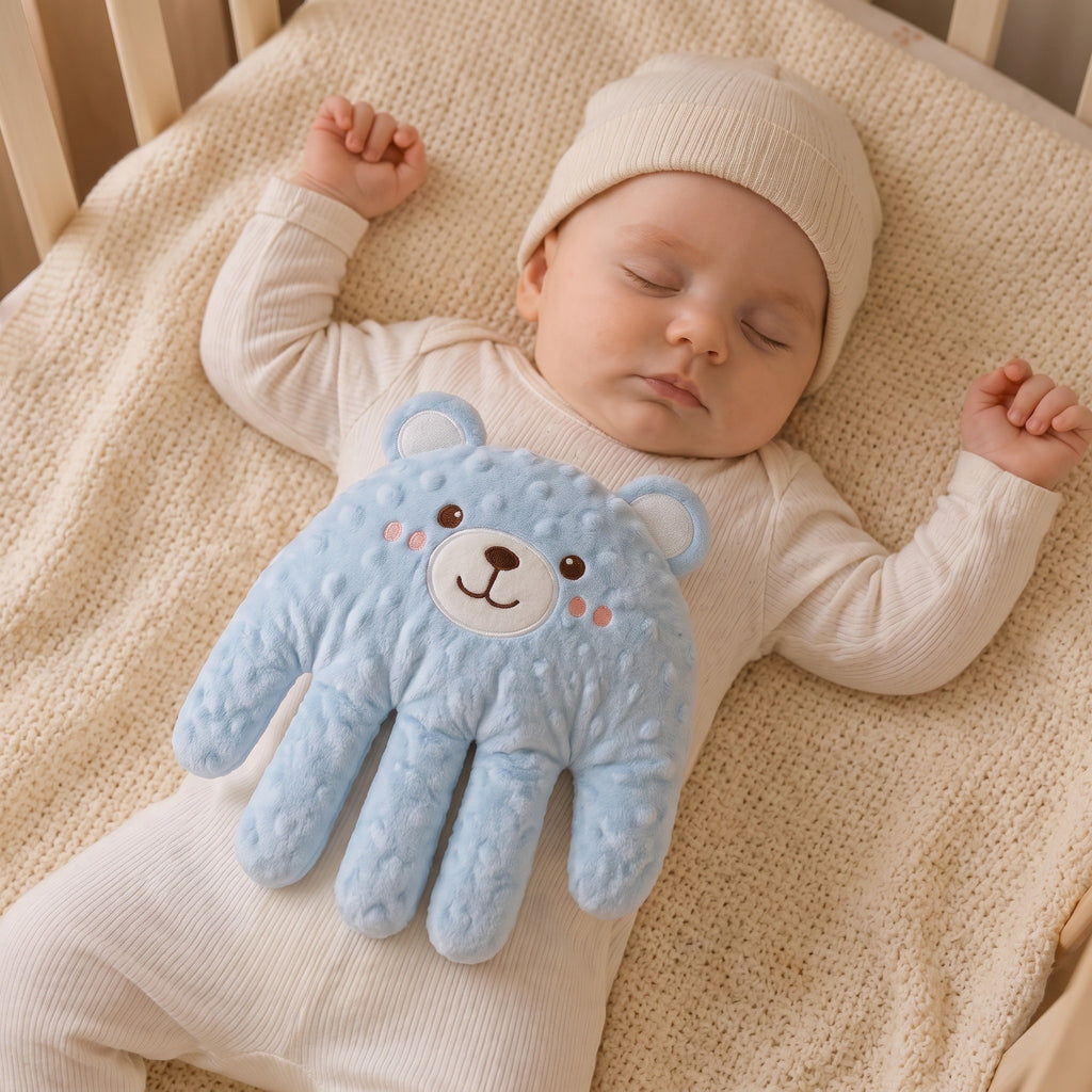 Baby Sleep Aid Patting Hand in blue bear design on a sleeping baby