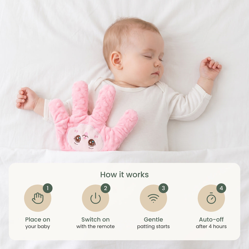 How it works: place on your baby, switch on with the remote, gentle patting starts, auto-off after 4 hours