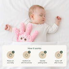 How it works: place on your baby, switch on with the remote, gentle patting starts, auto-off after 4 hours