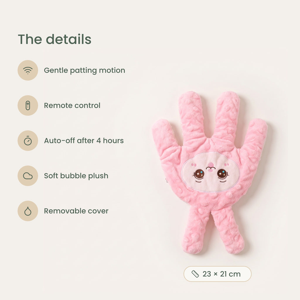 The details: gentle patting motion, remote control, auto-off after 4 hours, soft bubble plush, removable cover, 23 x 21 cm