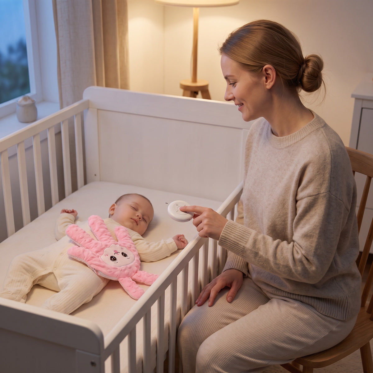 Parent switching on the patting hand with the remote while baby sleeps in the cot