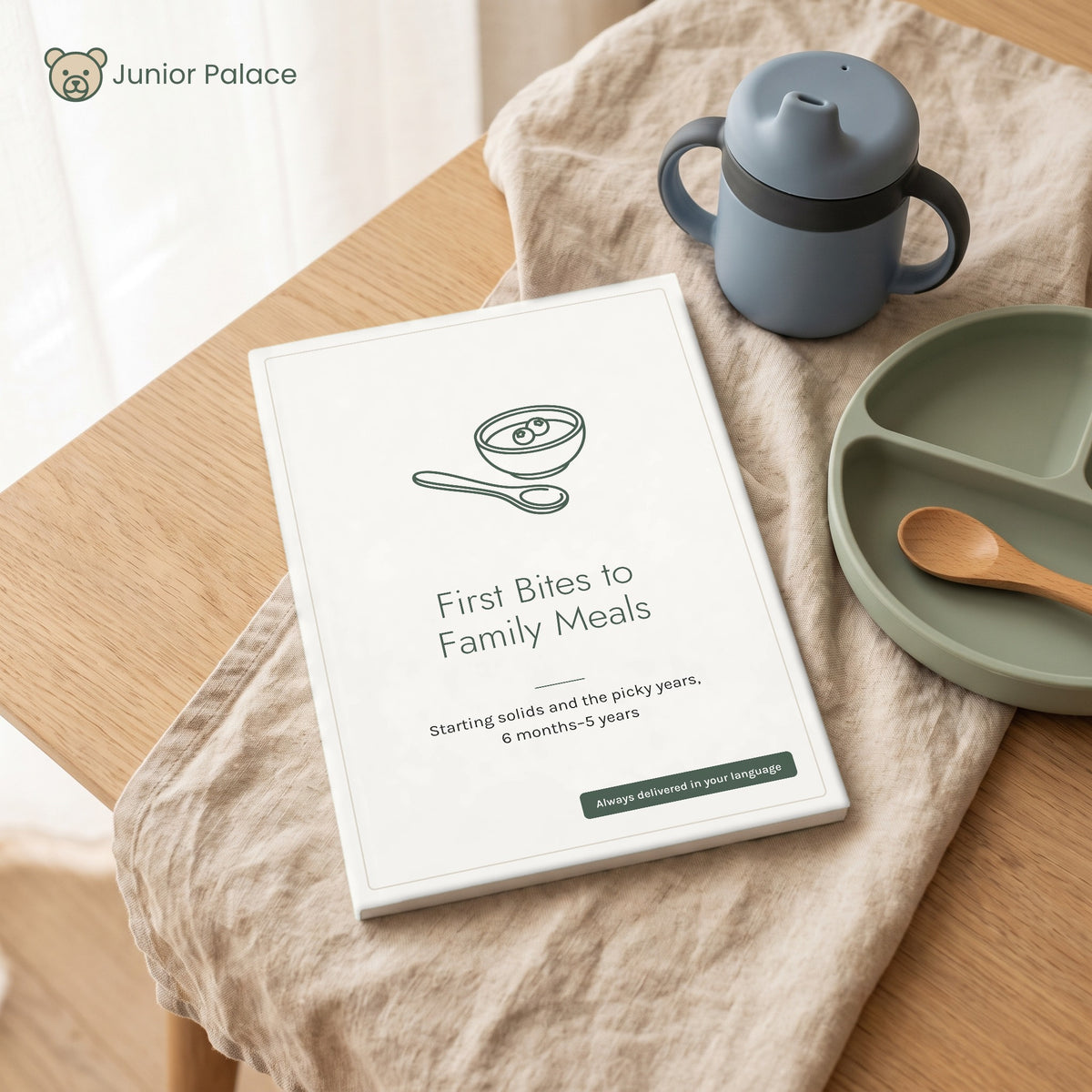 First Bites to Family Meals e-book cover mockup, always delivered in your language