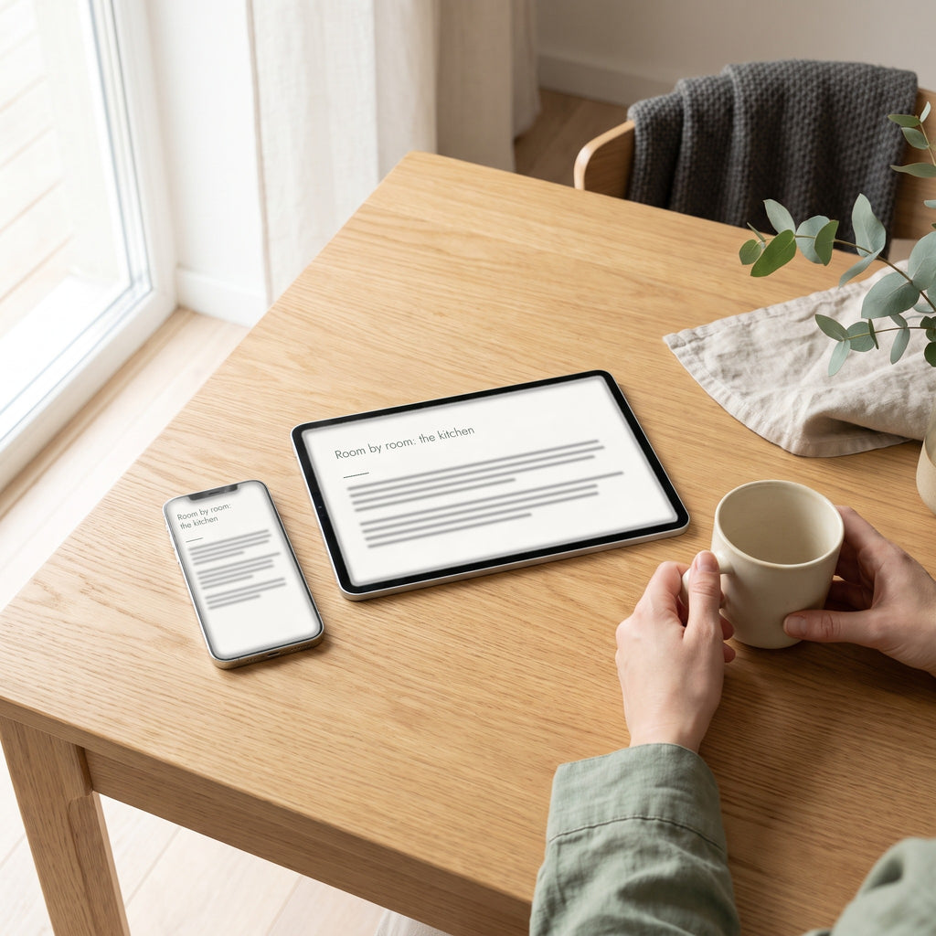 Montessori at Home e-book shown on a tablet and a phone