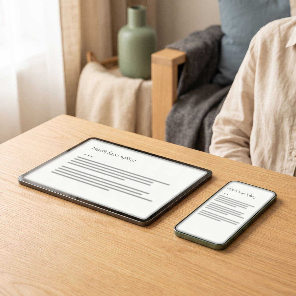The First Year, Month by Month e-book shown on a tablet and a phone