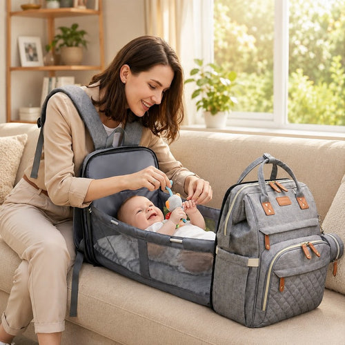 3-in-1 Diaper Backpack with Foldable Baby Bed - Multiple Compartments