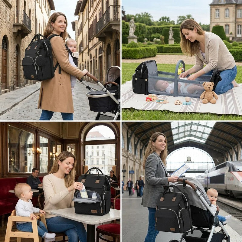3-in-1 Diaper Backpack with Foldable Baby Bed - Multiple Compartments