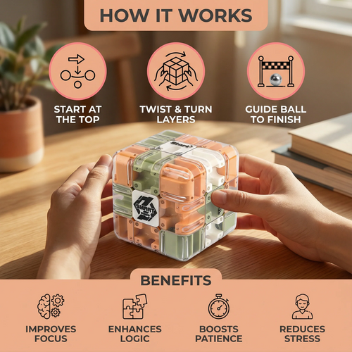 3D Maze Cube Toy with Internal Ball Track