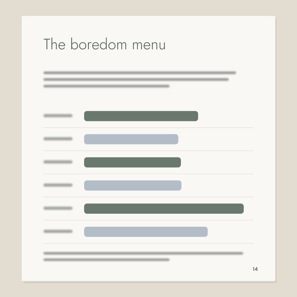 Inside page from Less Screen, More Play: The boredom menu