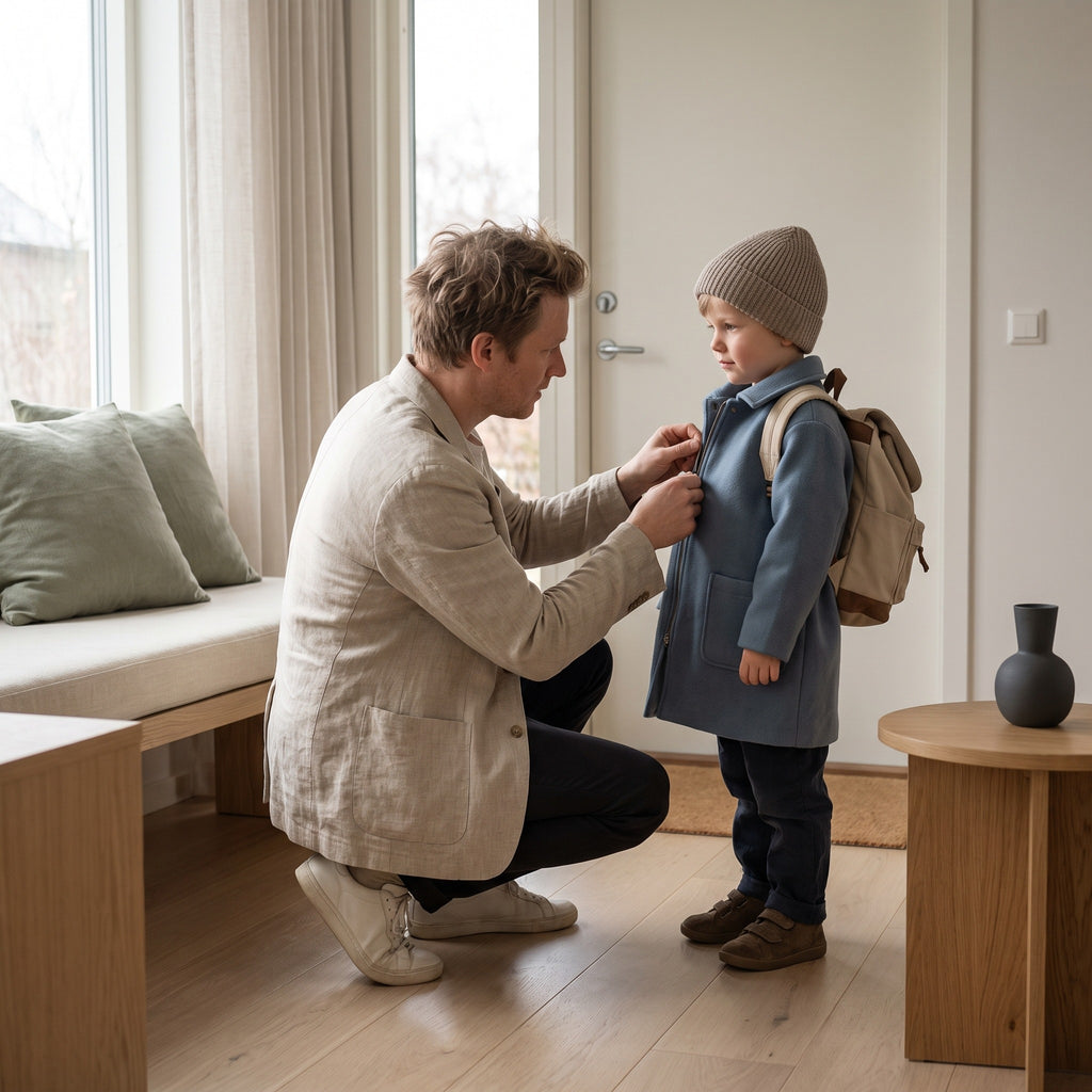 Child putting on a coat and backpack by the front door with a parent