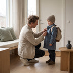 Child putting on a coat and backpack by the front door with a parent