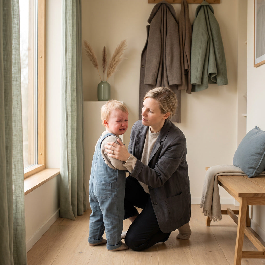 Parent kneeling at eye level with a crying toddler