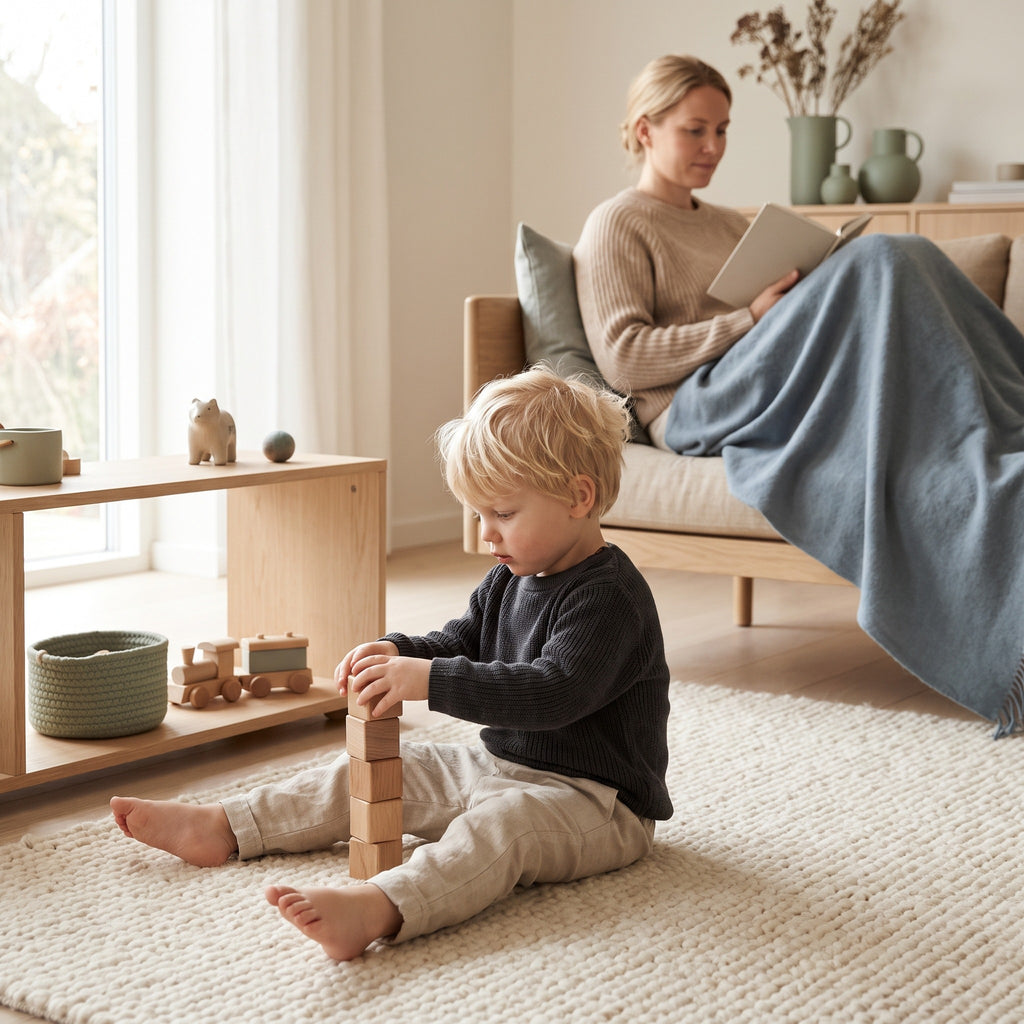 Toddler playing alone with wooden blocks while a parent reads nearby