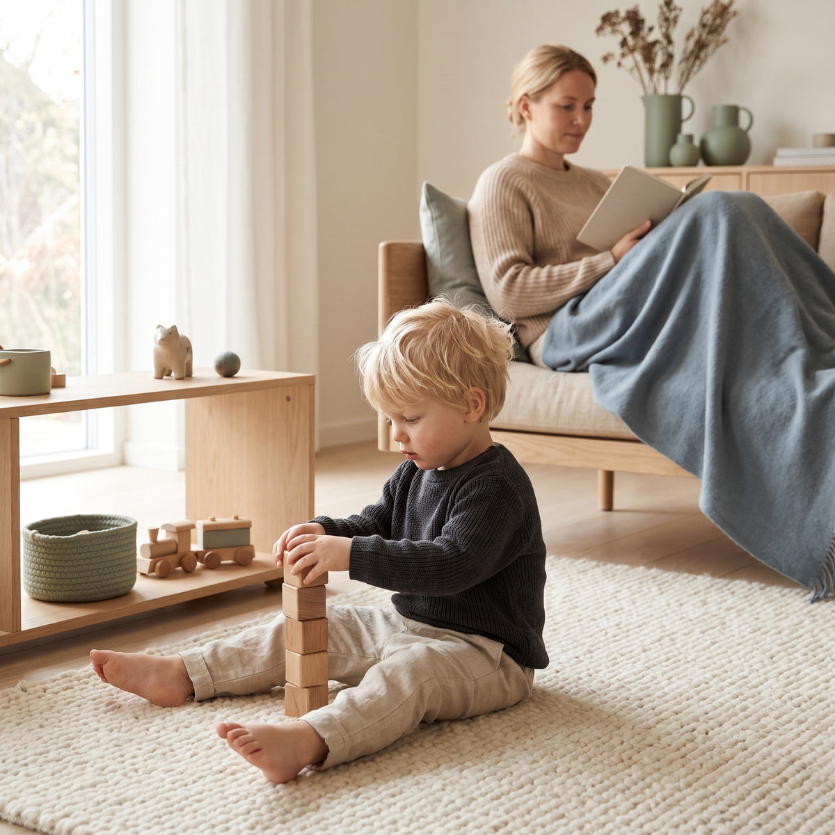 Toddler playing alone with wooden blocks while a parent reads nearby