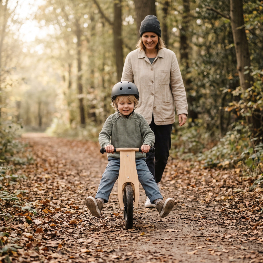 Child on a balance bike on a forest path with a parent walking behind