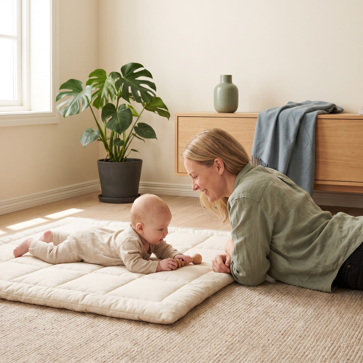 Baby doing tummy time on a play mat with a parent at eye level