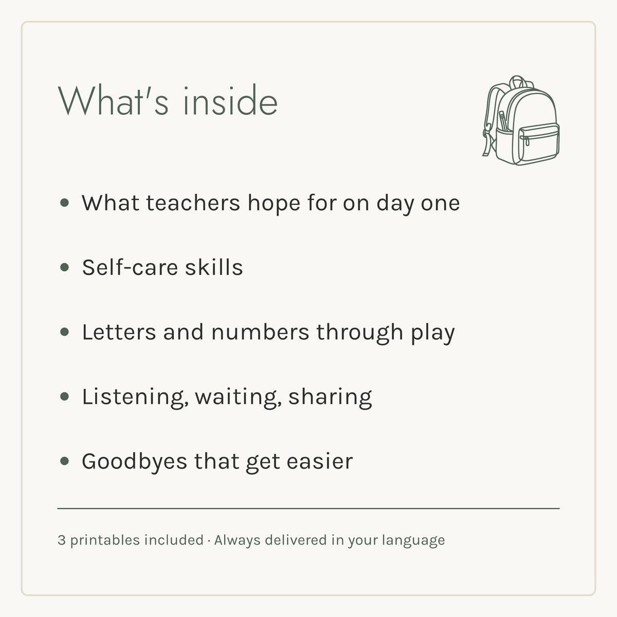What's inside the Ready for School e-book: five chapters and three printables