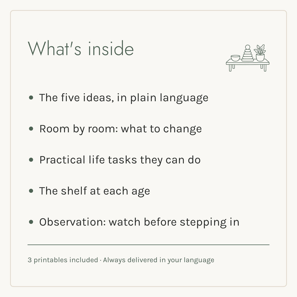 What's inside the Montessori at Home e-book: five chapters and three printables