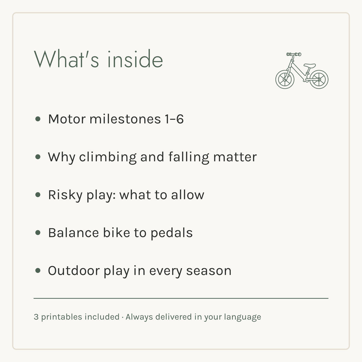 What's inside the Move, Climb, Balance e-book: five chapters and three printables