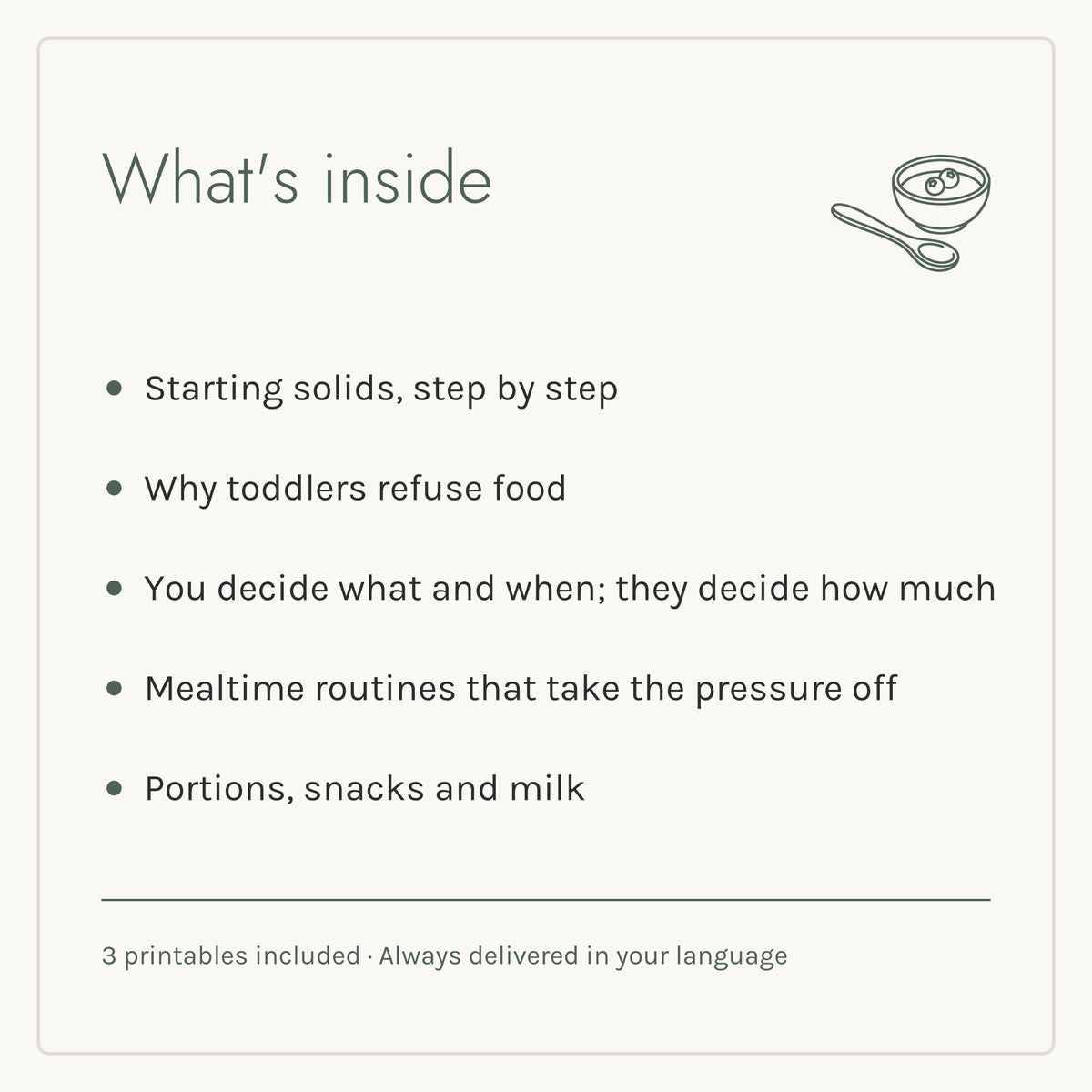 What's inside the First Bites to Family Meals e-book: five chapters and three printables
