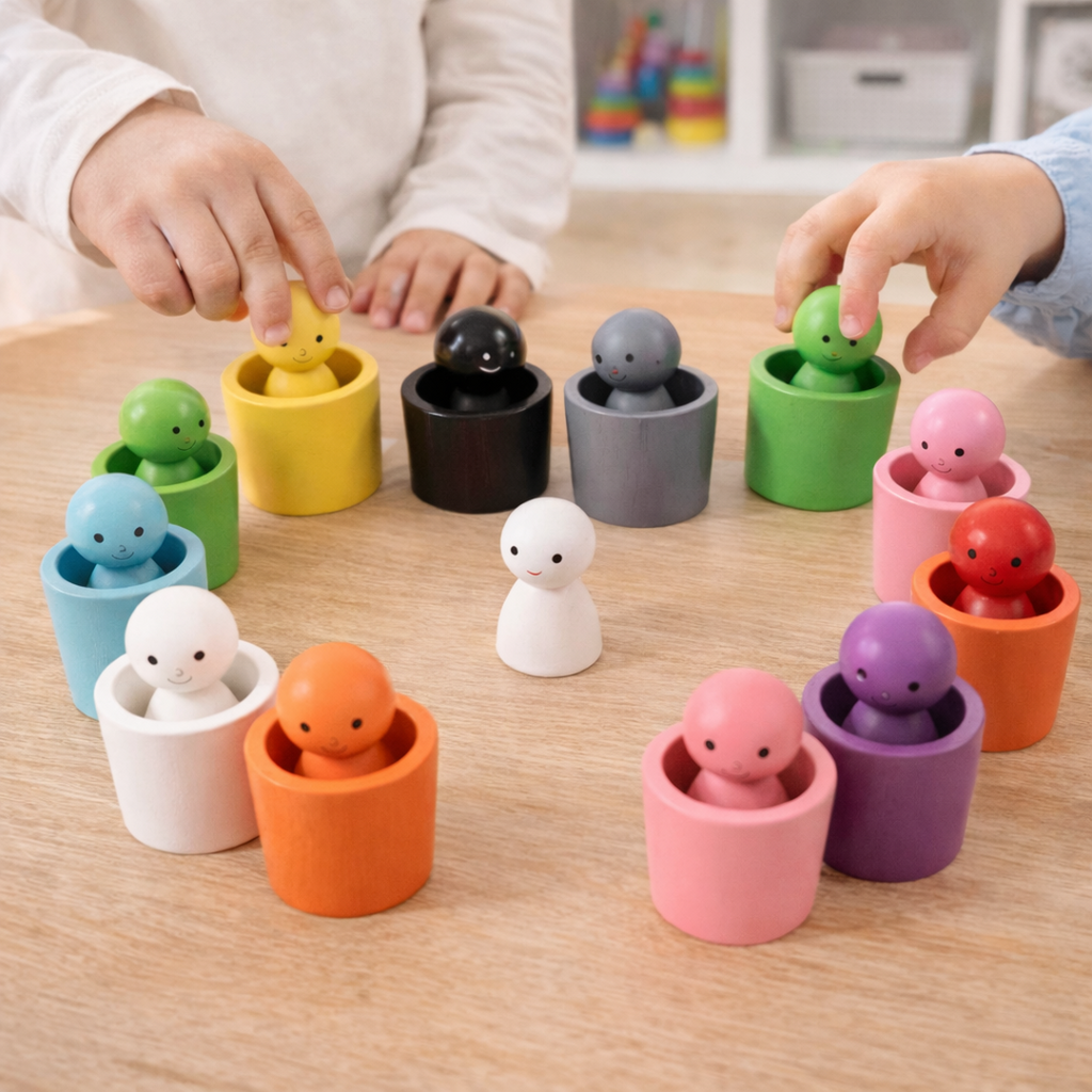 Montessori Wooden Colour Sorting Toy Cups and Peg Dolls Set