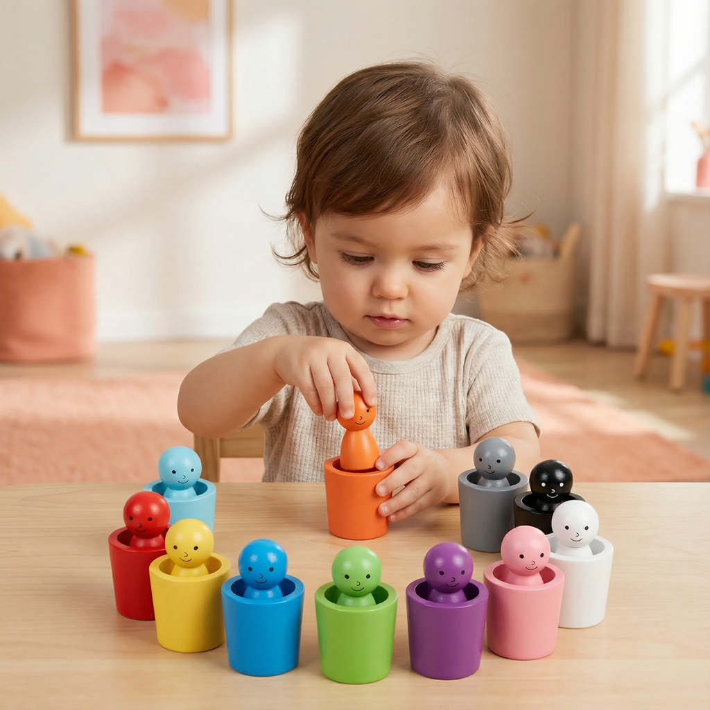 Montessori Wooden Colour Sorting Toy Cups and Peg Dolls Set