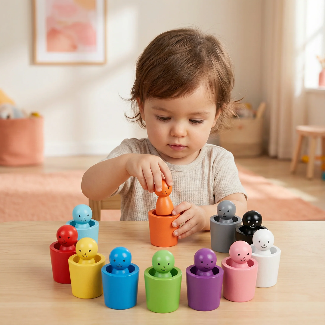 Montessori Wooden Colour Sorting Toy Cups and Peg Dolls Set