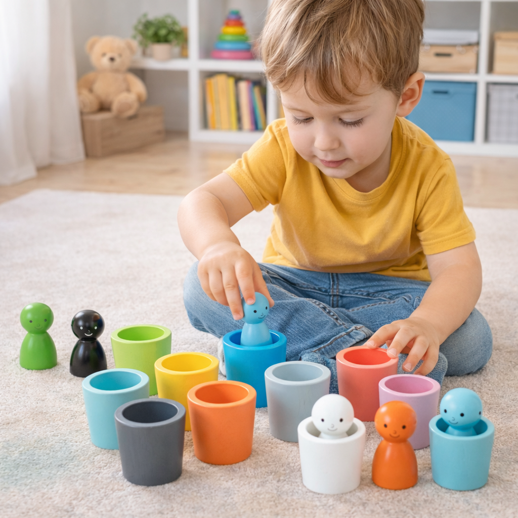 Montessori Wooden Colour Sorting Toy Cups and Peg Dolls Set