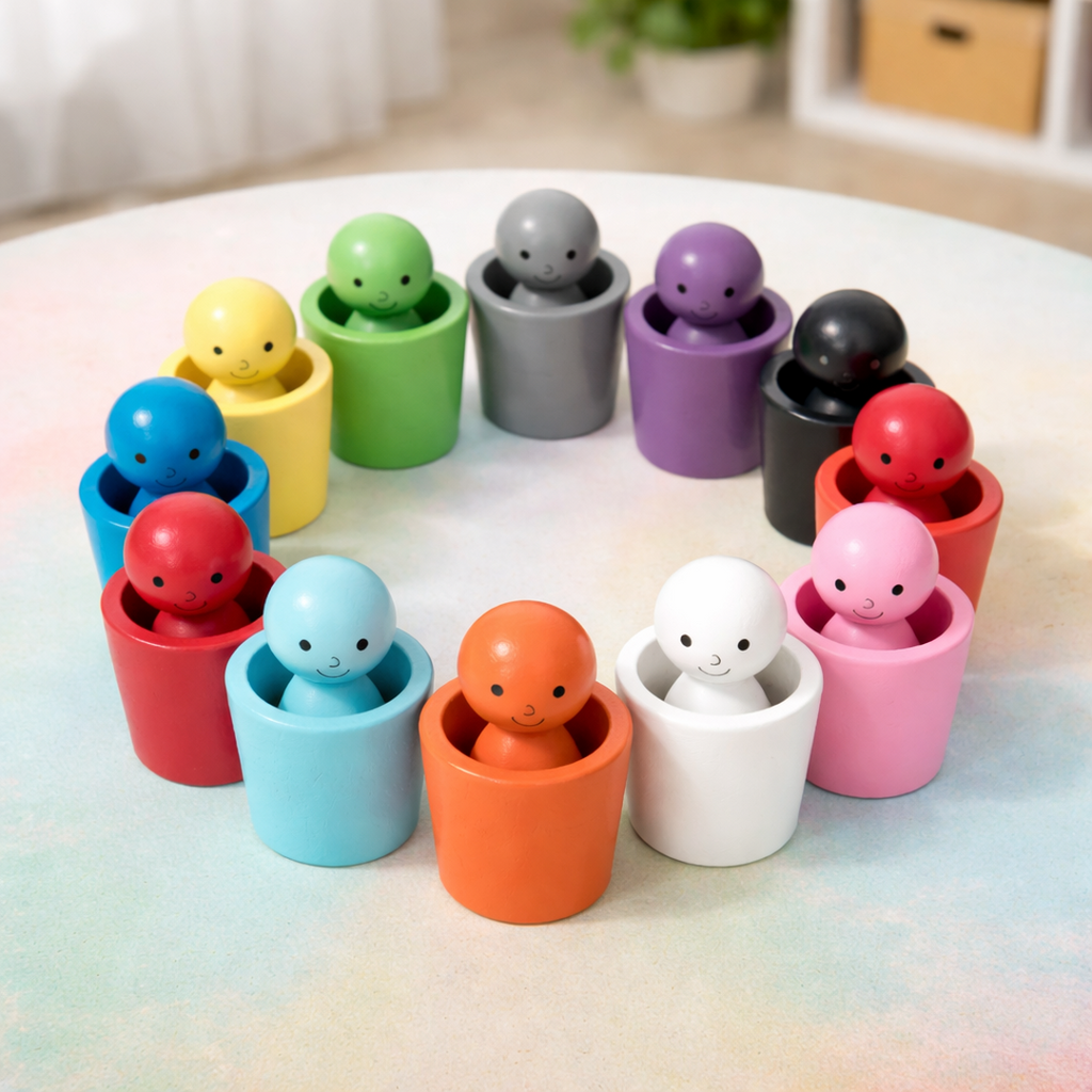 Montessori Wooden Colour Sorting Toy Cups and Peg Dolls Set