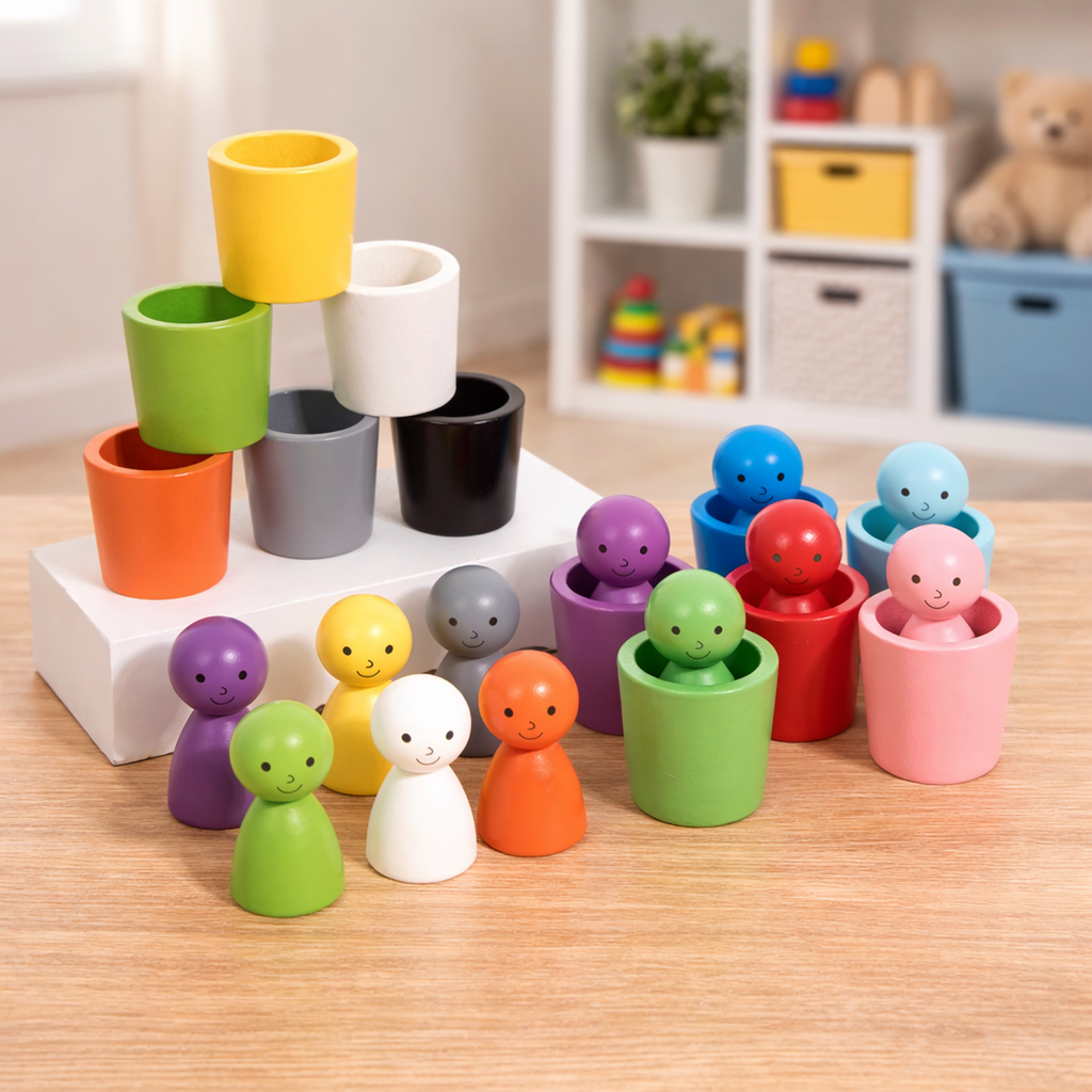 Montessori Wooden Colour Sorting Toy Cups and Peg Dolls Set