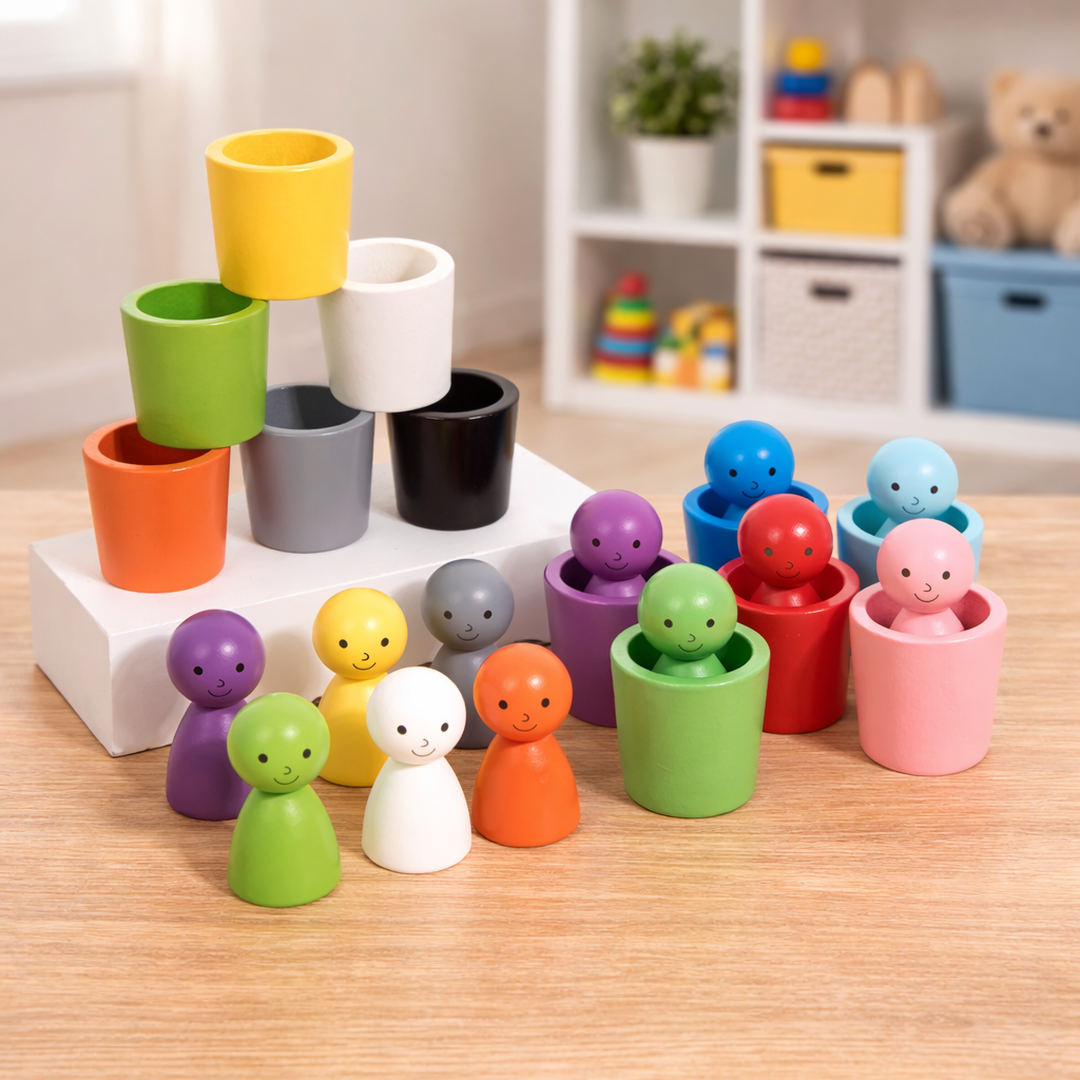 Montessori Wooden Colour Sorting Toy Cups and Peg Dolls Set