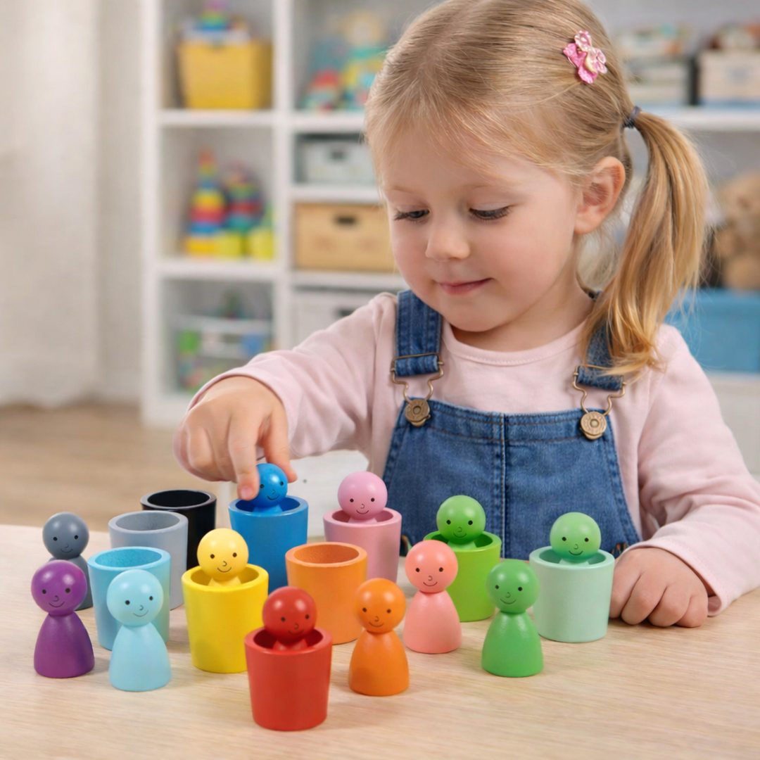 Montessori Wooden Colour Sorting Toy Cups and Peg Dolls Set