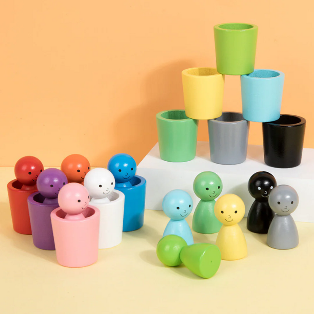 Montessori Wooden Colour Sorting Toy Cups and Peg Dolls Set