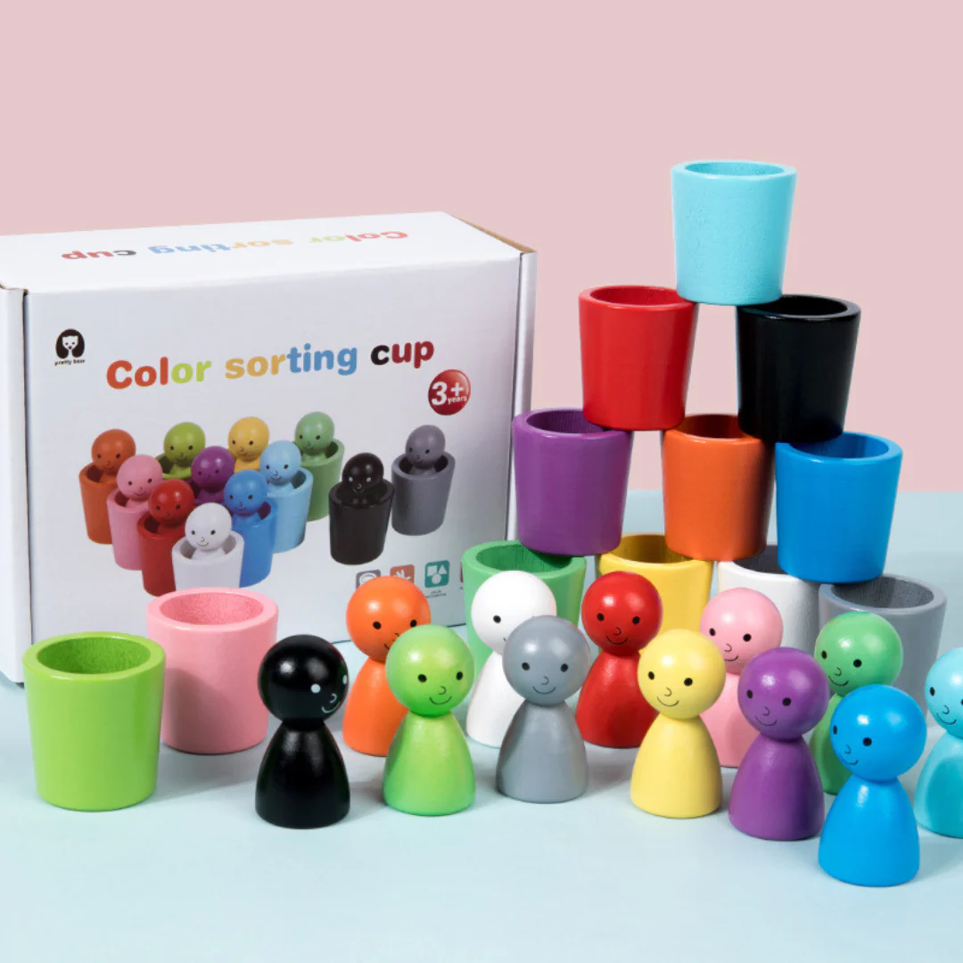 Montessori Wooden Colour Sorting Toy Cups and Peg Dolls Set