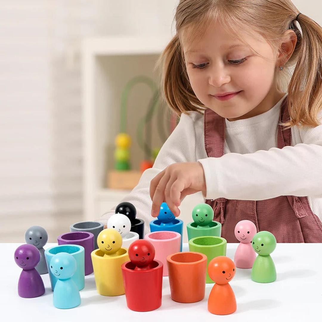 Montessori Wooden Colour Sorting Toy Cups and Peg Dolls Set