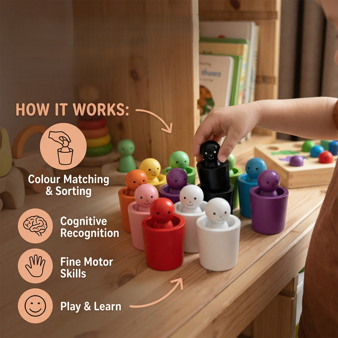 Montessori Wooden Colour Sorting Toy Cups and Peg Dolls Set
