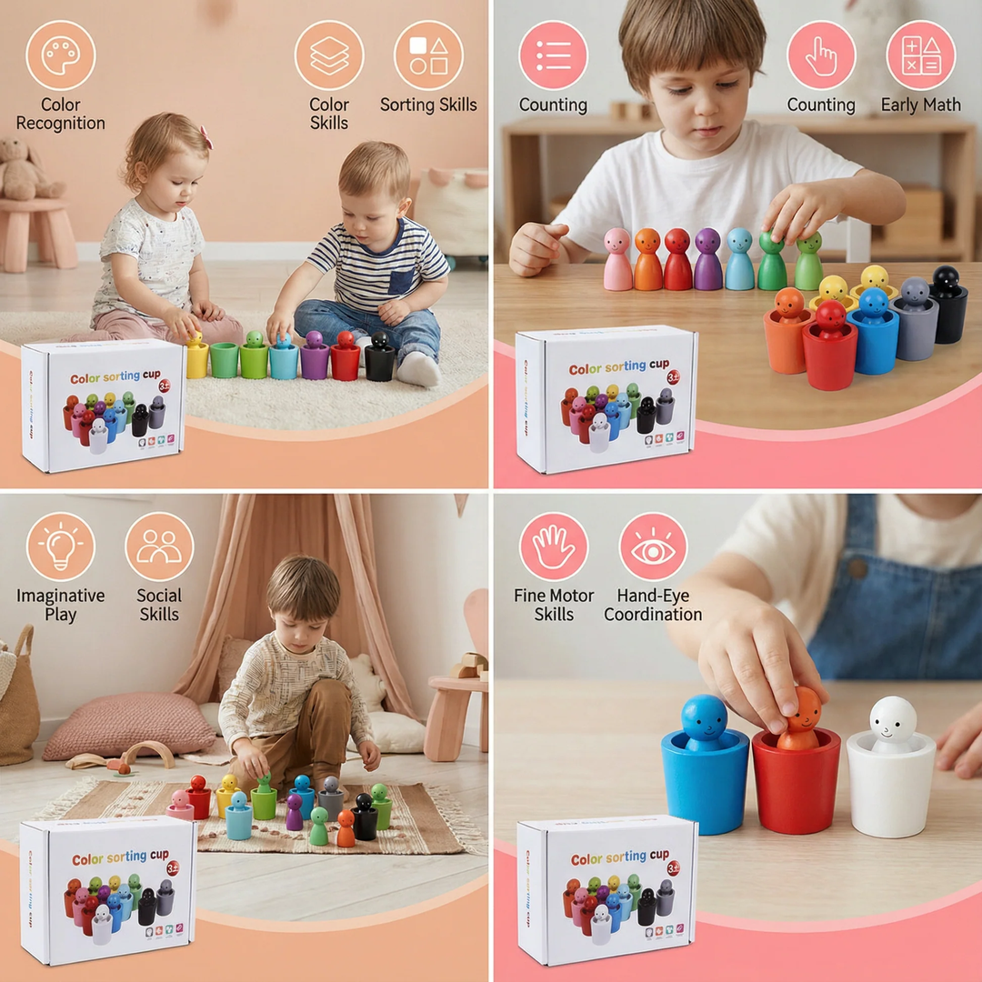 Montessori Wooden Colour Sorting Toy Cups and Peg Dolls Set