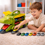 Gioco trasportatore di auto a forma di dinosauro con rampa