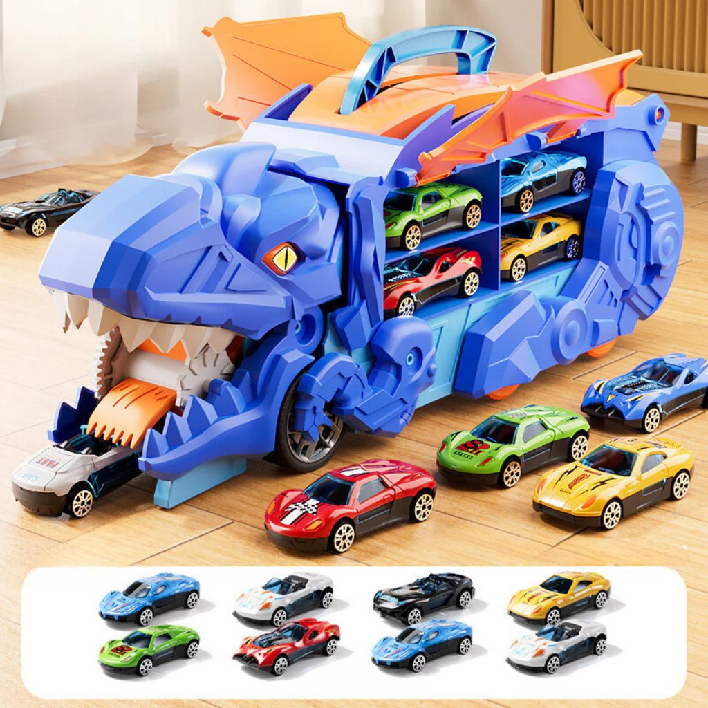 Gioco trasportatore di auto a forma di dinosauro con rampa