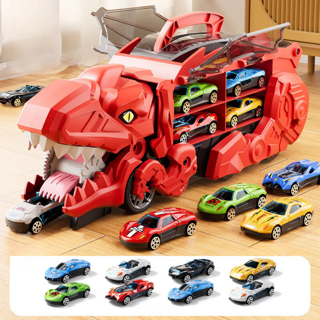 Gioco trasportatore di auto a forma di dinosauro con rampa