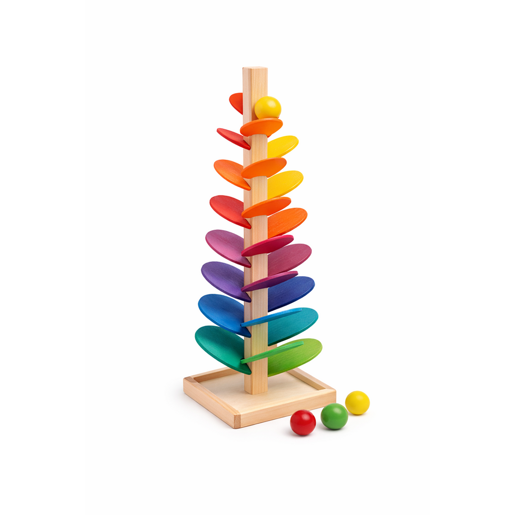 Wooden Ball Drop Tower with Spinning Leaves