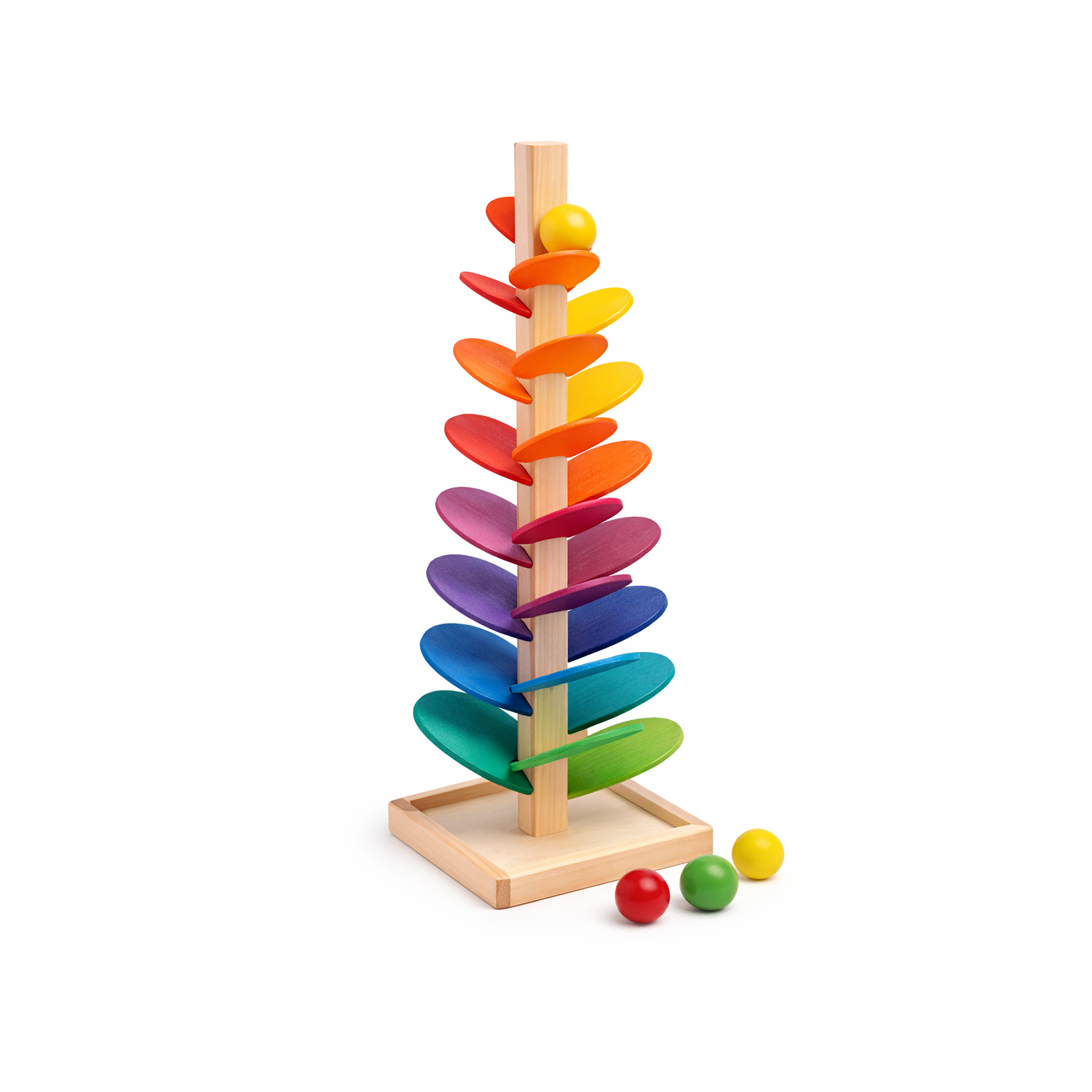 Wooden Ball Drop Tower with Spinning Leaves