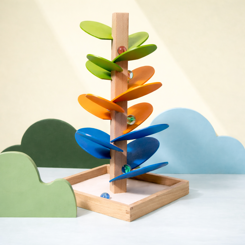 Wooden Ball Drop Tower with Spinning Leaves