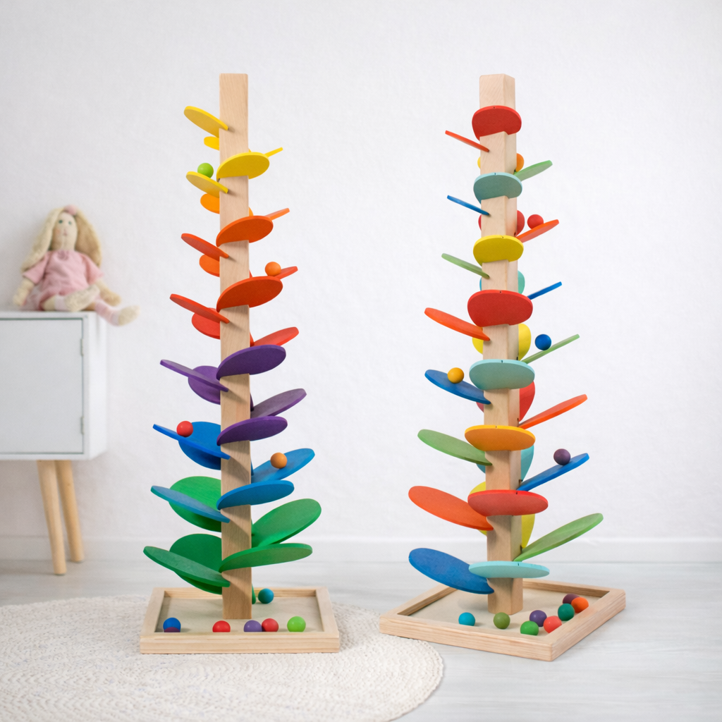 Wooden Ball Drop Tower with Spinning Leaves