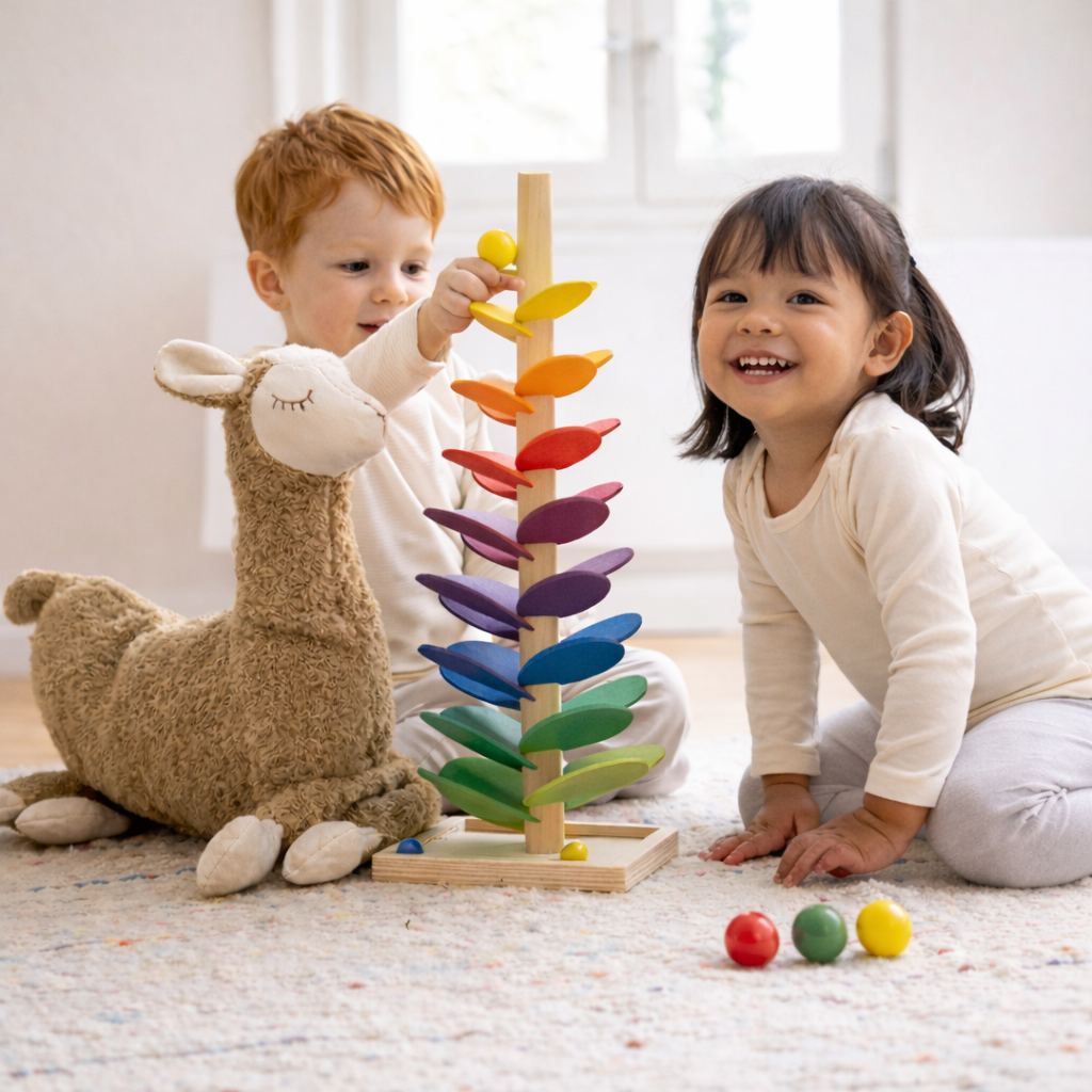 Wooden Ball Drop Tower with Spinning Leaves