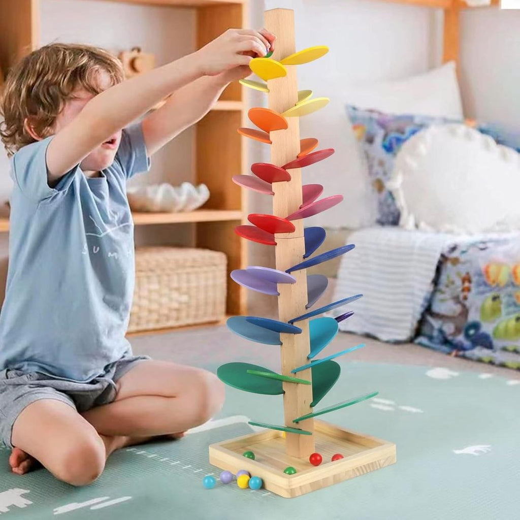 Wooden Ball Drop Tower with Spinning Leaves