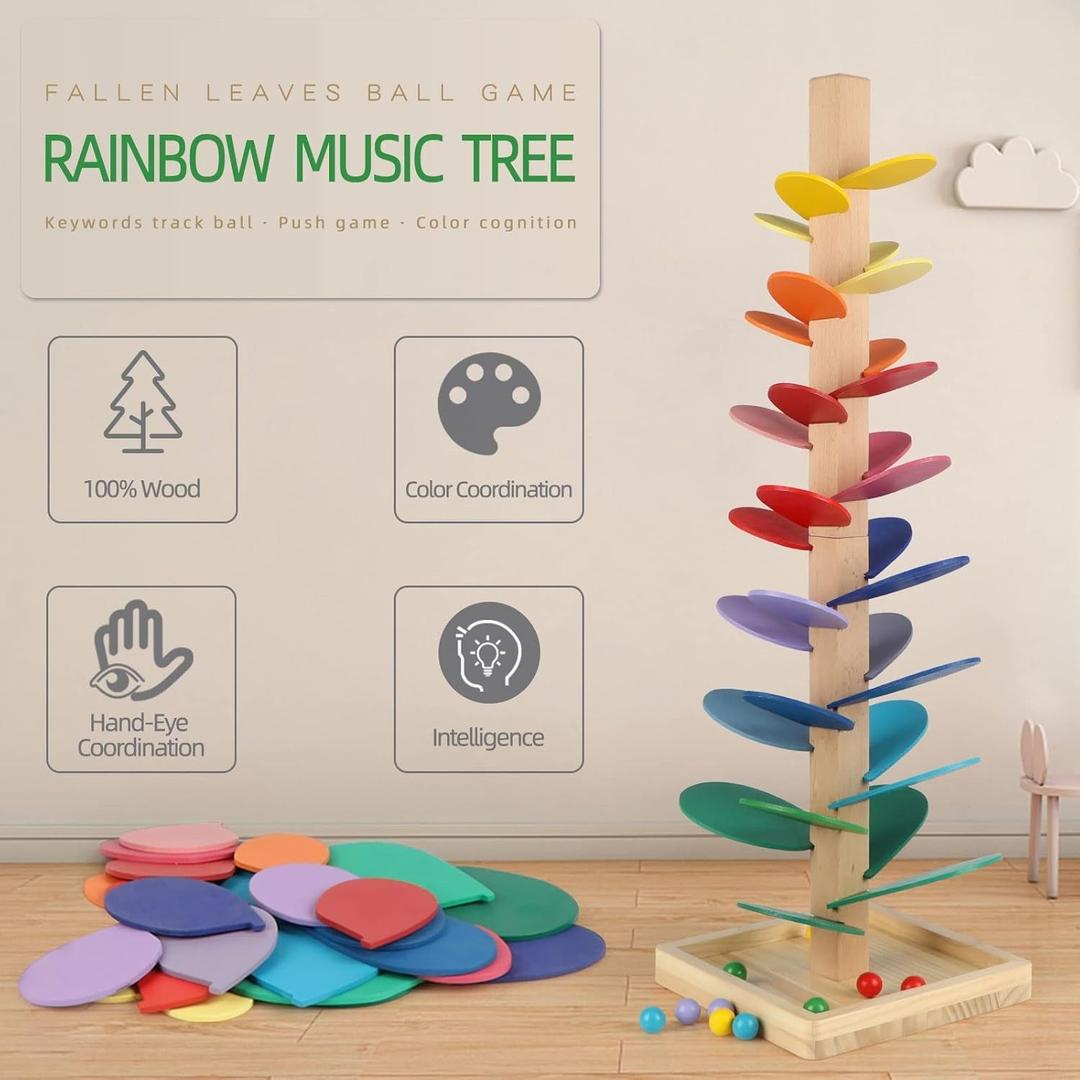 Wooden Ball Drop Tower with Spinning Leaves