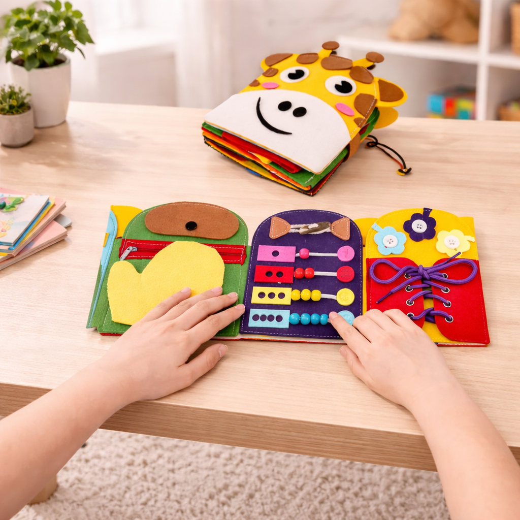 Fabric Busy Book with Giraffe Cover and Interactive Fastening Pages