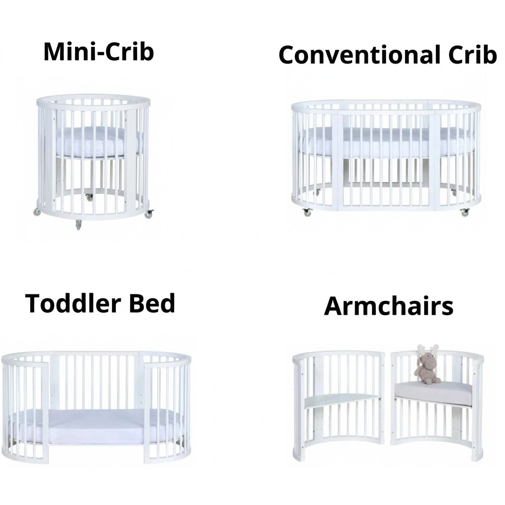 Convertible Baby Crib - White Solid Wood with Swivel Castors