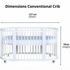 Convertible Baby Crib - White Solid Wood with Swivel Castors